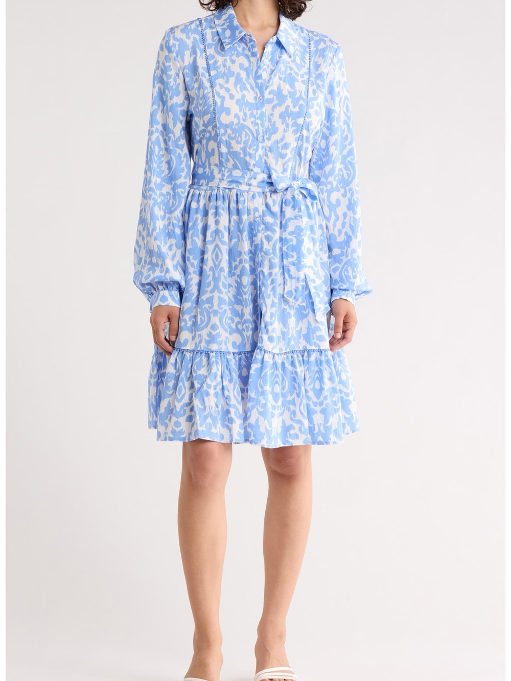 Ellen Tracy Light Blue Printed Long-Sleeve Tie-Waist Dress